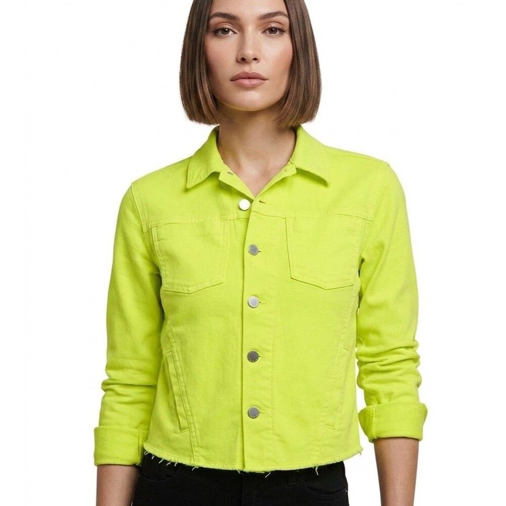 L'Agence Janelle Jean Jacket Raw Hem Slim Fit Chartreuse Lime Green Denim Size M